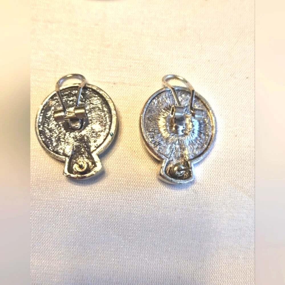 Vintage Silver Etched Blue Rhinestone Enamel Pendant Pierced Earrings Set